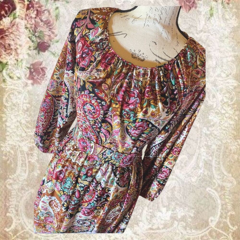 Vintage 1980s Paisley Midi Dress Boho Floral Long Sleeve Back Sash Tie - Picture 5 of 10